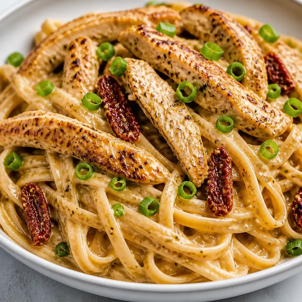 Cajun Chicken Alfredo Recipe with Linguine Pasta close-up view