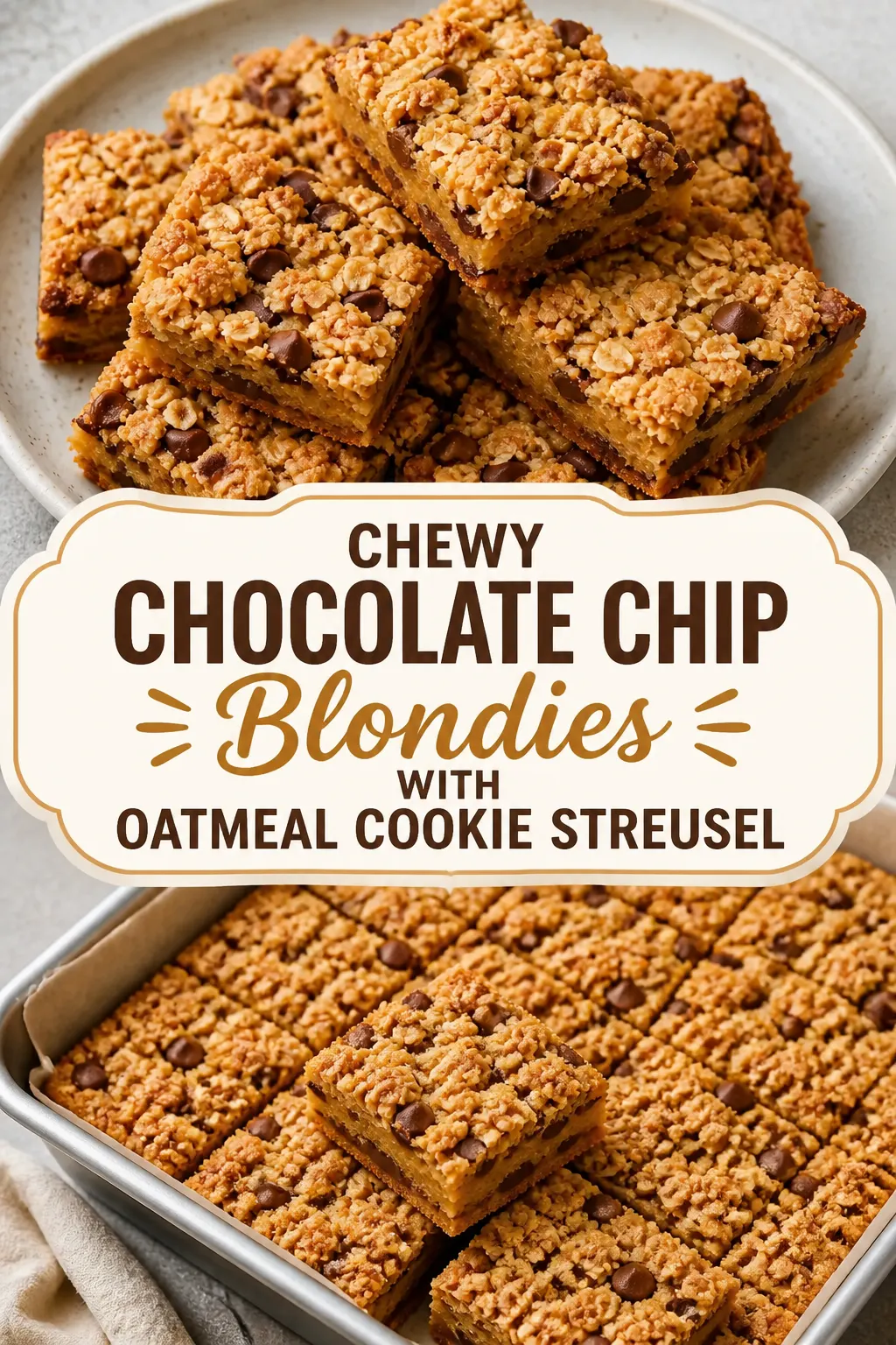 Chewy Chocolate Chip Blondies with Oatmeal Cookie Streusel Pinterest pin