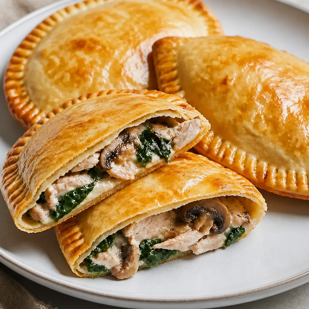 Easy Air Fryer Chicken, Mushroom & Spinach Tortilla Pies close-up view