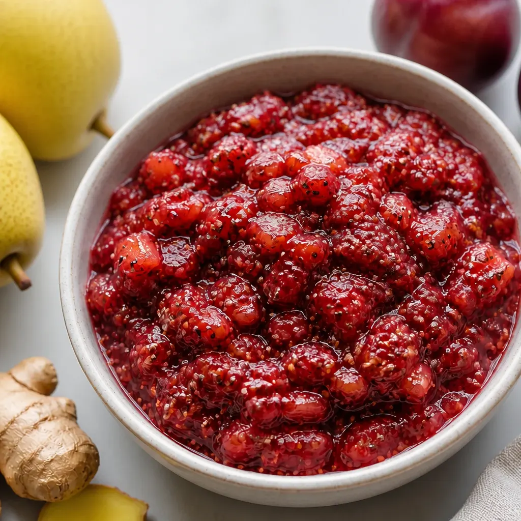 Gingered Pear-Plum Chia Seed Jam close-up view