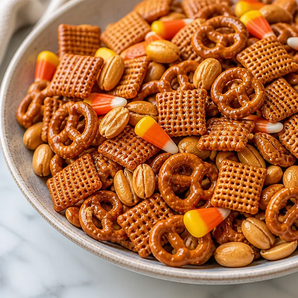 Halloween Chex Mix with Candy Corn and Salty Maple Peanuts close-up view