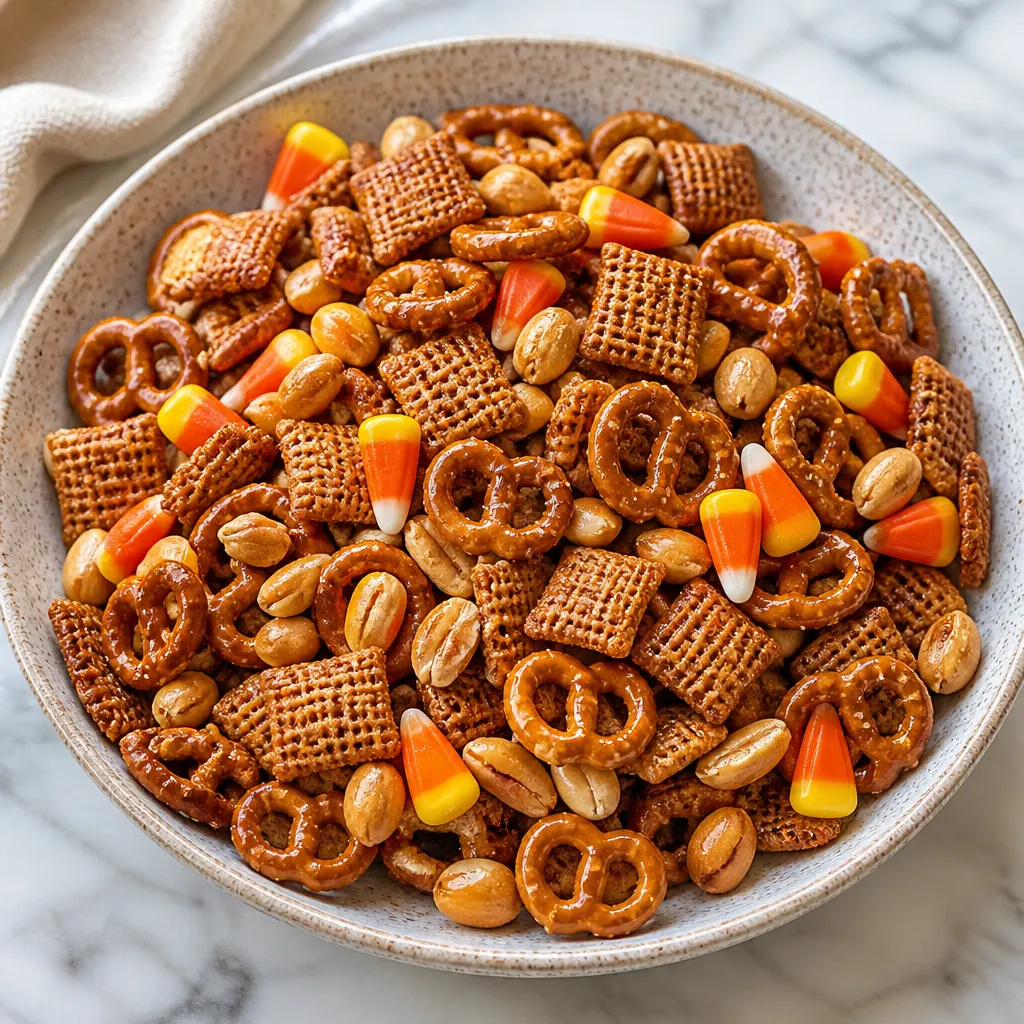 Halloween Chex Mix with Candy Corn and Salty Maple Peanuts