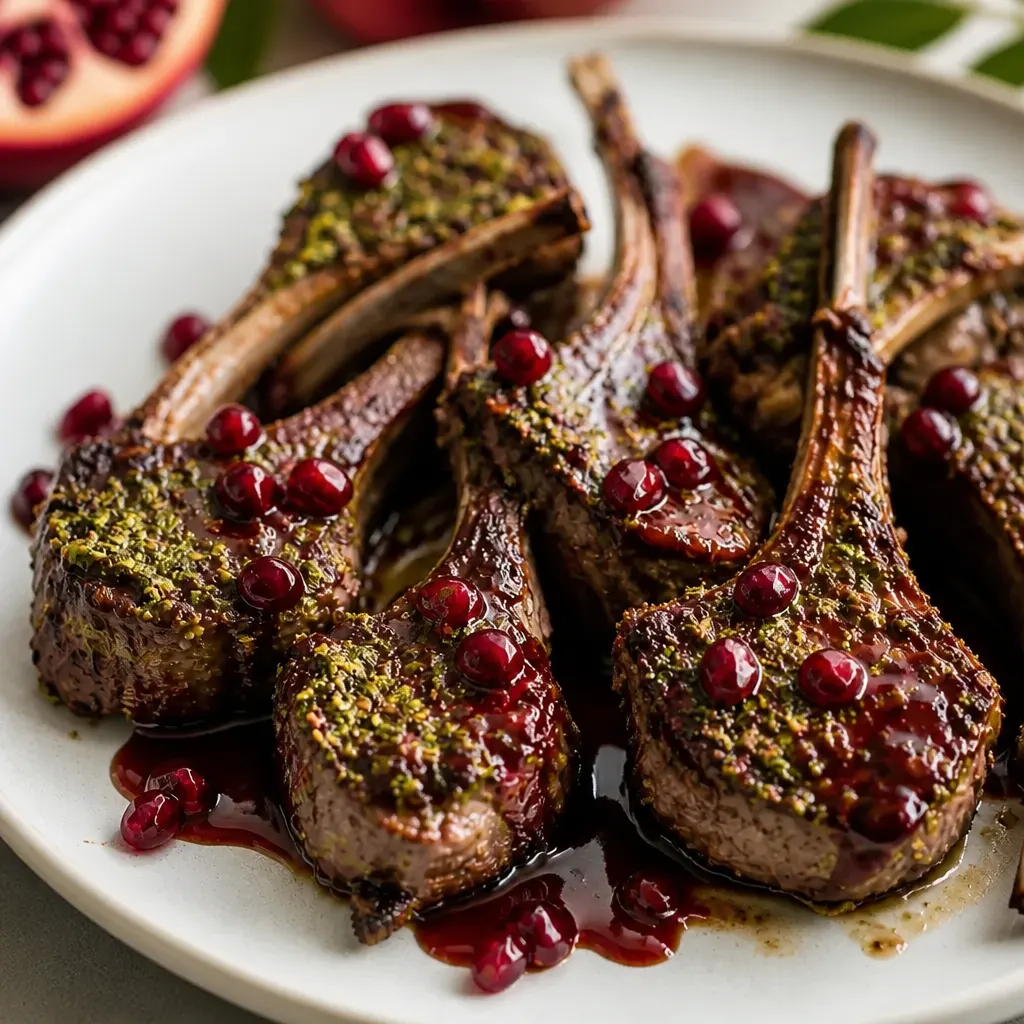 Lamb Chops with Pesto and Pomegranate Sauce close-up view