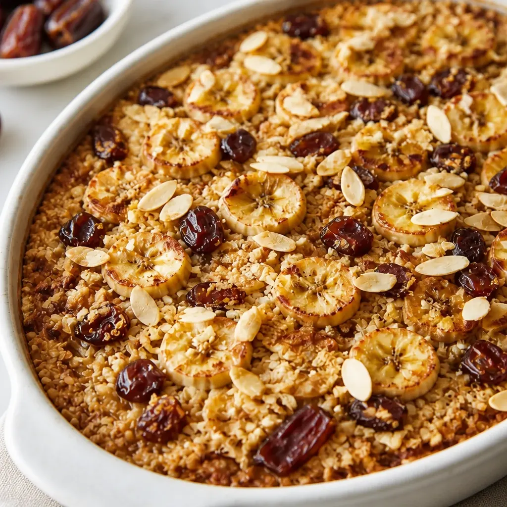 Quinoa Breakfast Bake with Dates and Bananas close-up view