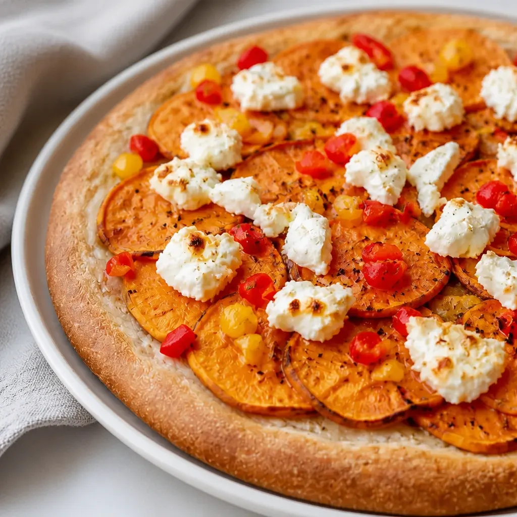Roasted Sweet Potato and Goat Cheese Pizza close-up view