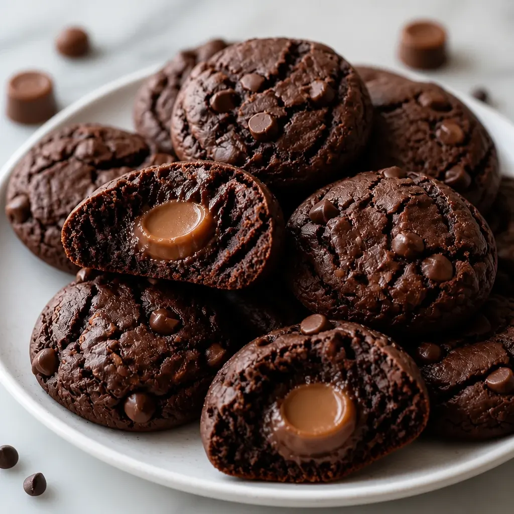 Rolo Stuffed Chocolate Cake Mix Cookies close-up view