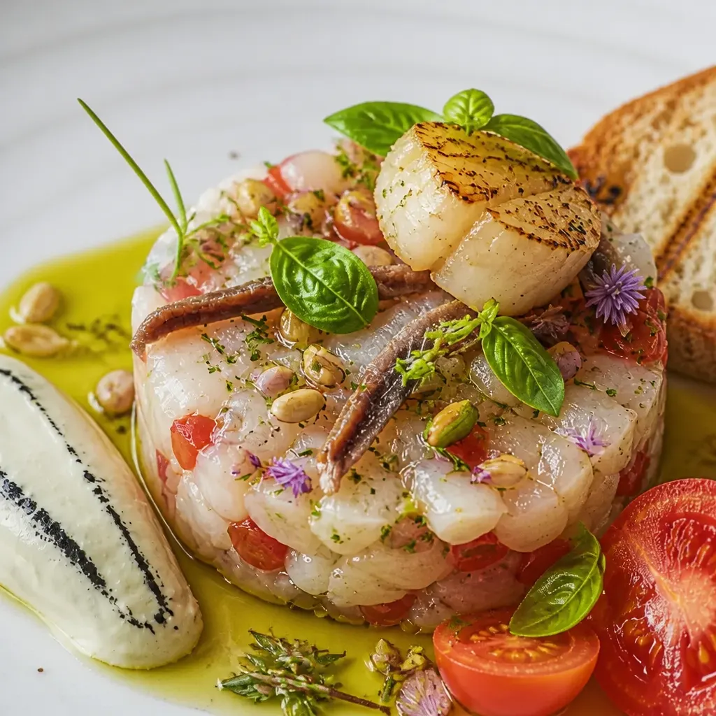 Scallop Tartare With Scallop Butter, Anchovies & Tomatoes close-up view