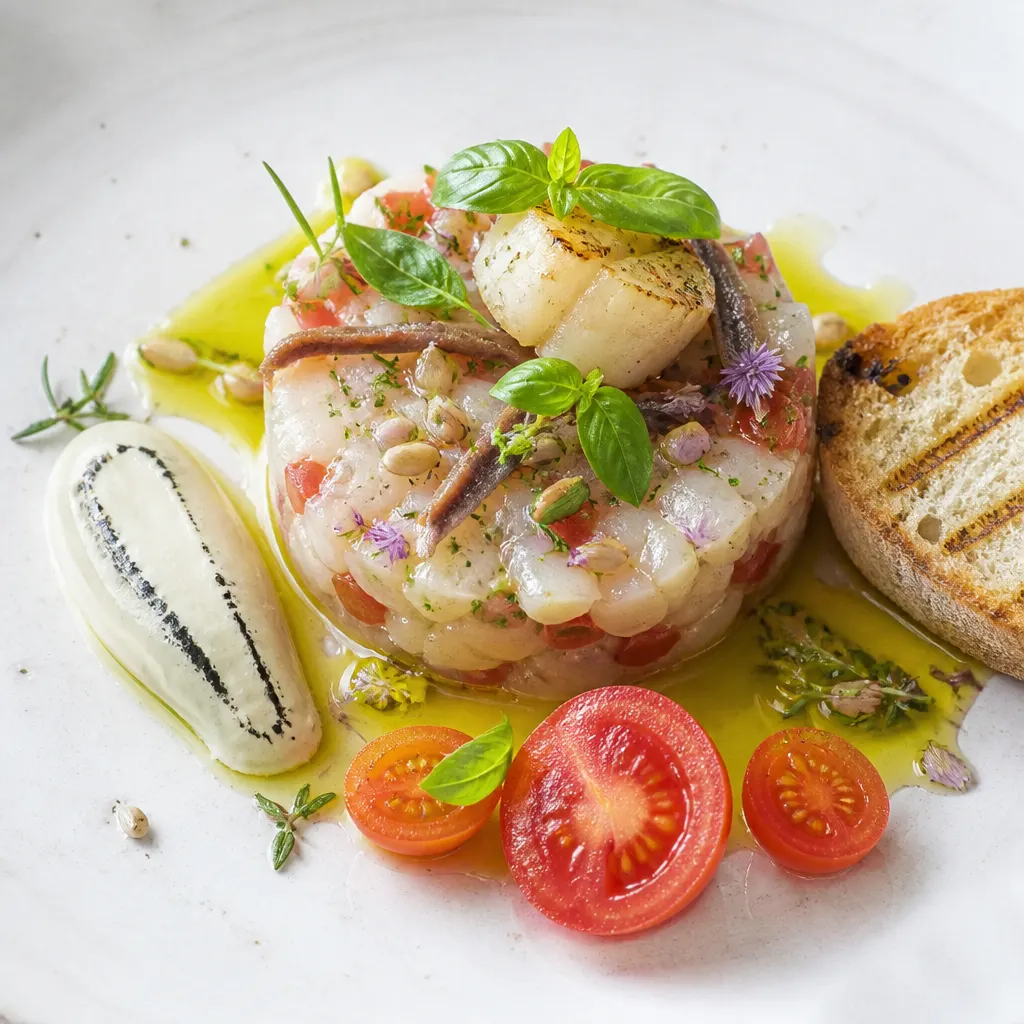Scallop Tartare With Scallop Butter, Anchovies & Tomatoes
