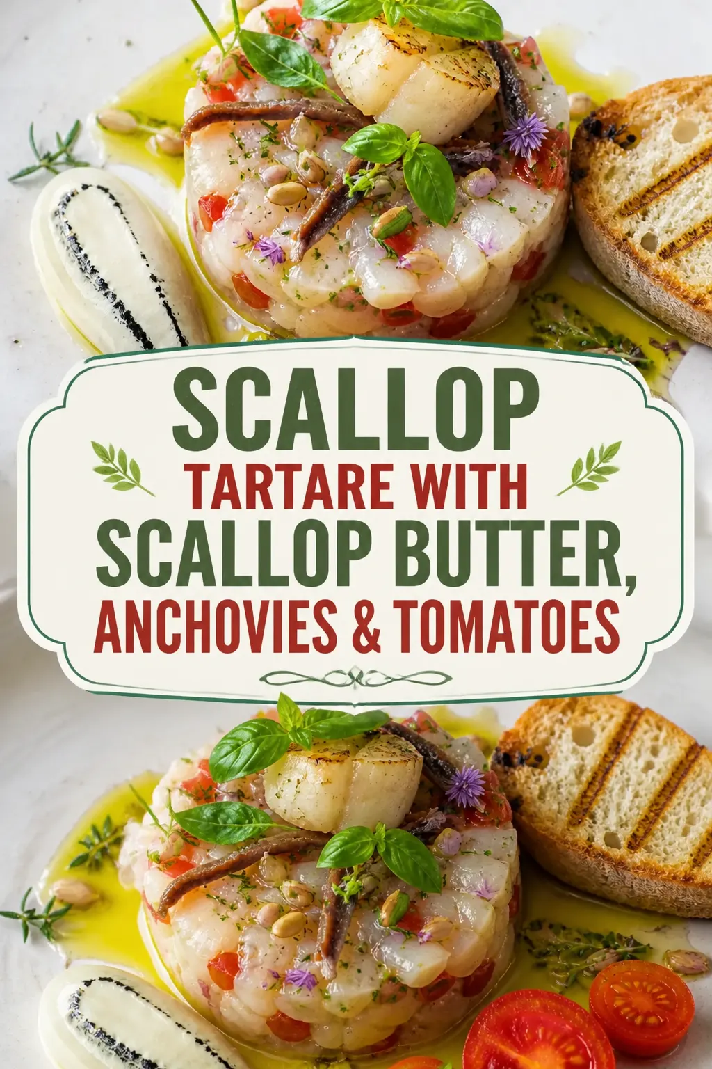 Scallop Tartare With Scallop Butter, Anchovies & Tomatoes Pinterest pin