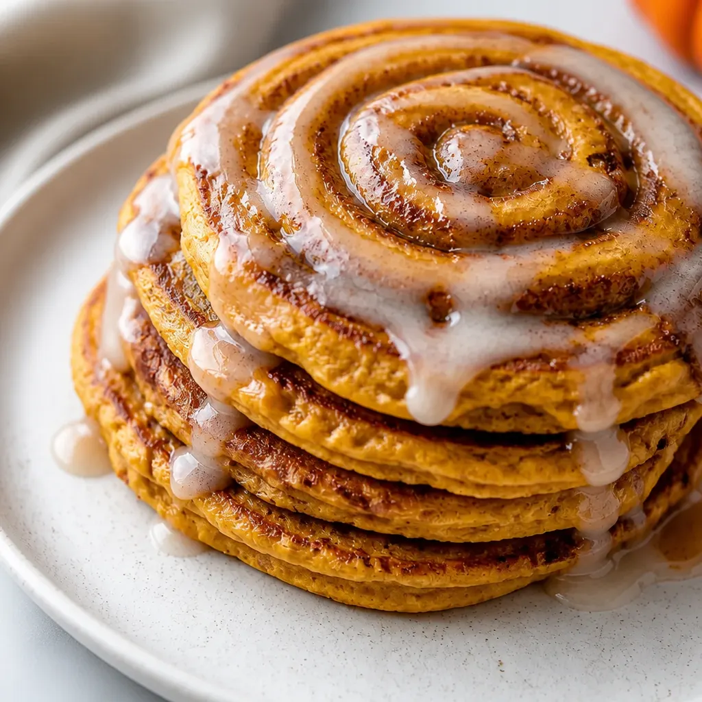 Spiced Pumpkin Cinnamon Roll Pancakes close-up view