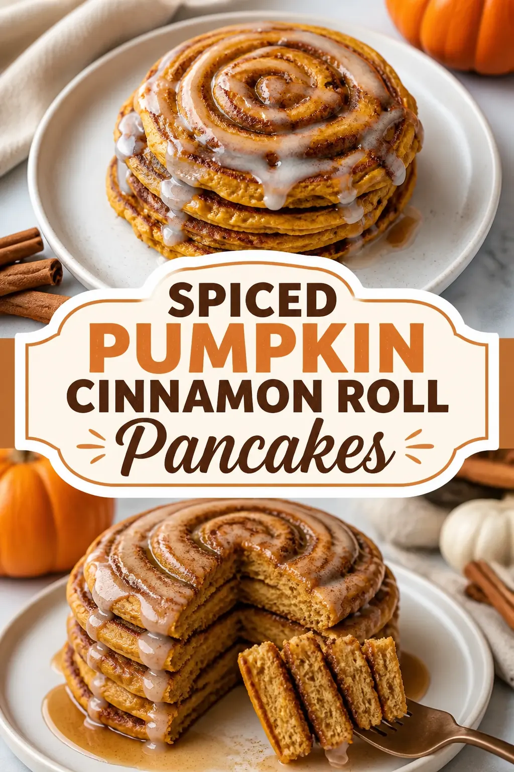 Spiced Pumpkin Cinnamon Roll Pancakes Pinterest pin