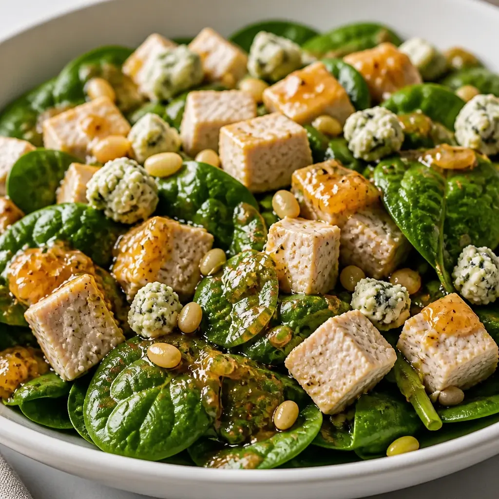 Turkey Spinach Salad with Mango Chutney Vinaigrette close-up view
