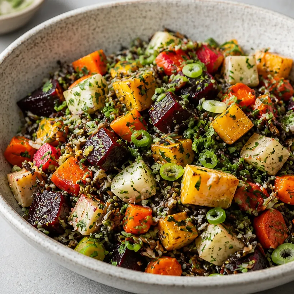 Wild Rice Salad with Roasted Vegetables and Lemon-Tahini Dressing close-up view