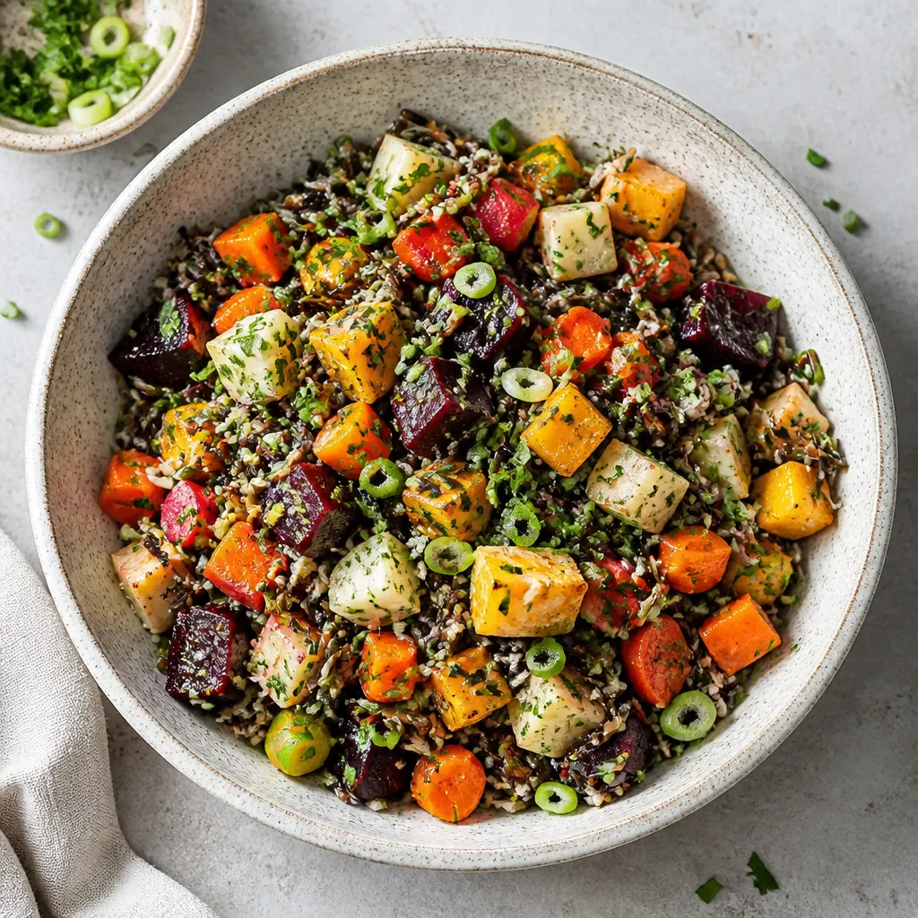 Wild Rice Salad with Roasted Vegetables and Lemon-Tahini Dressing