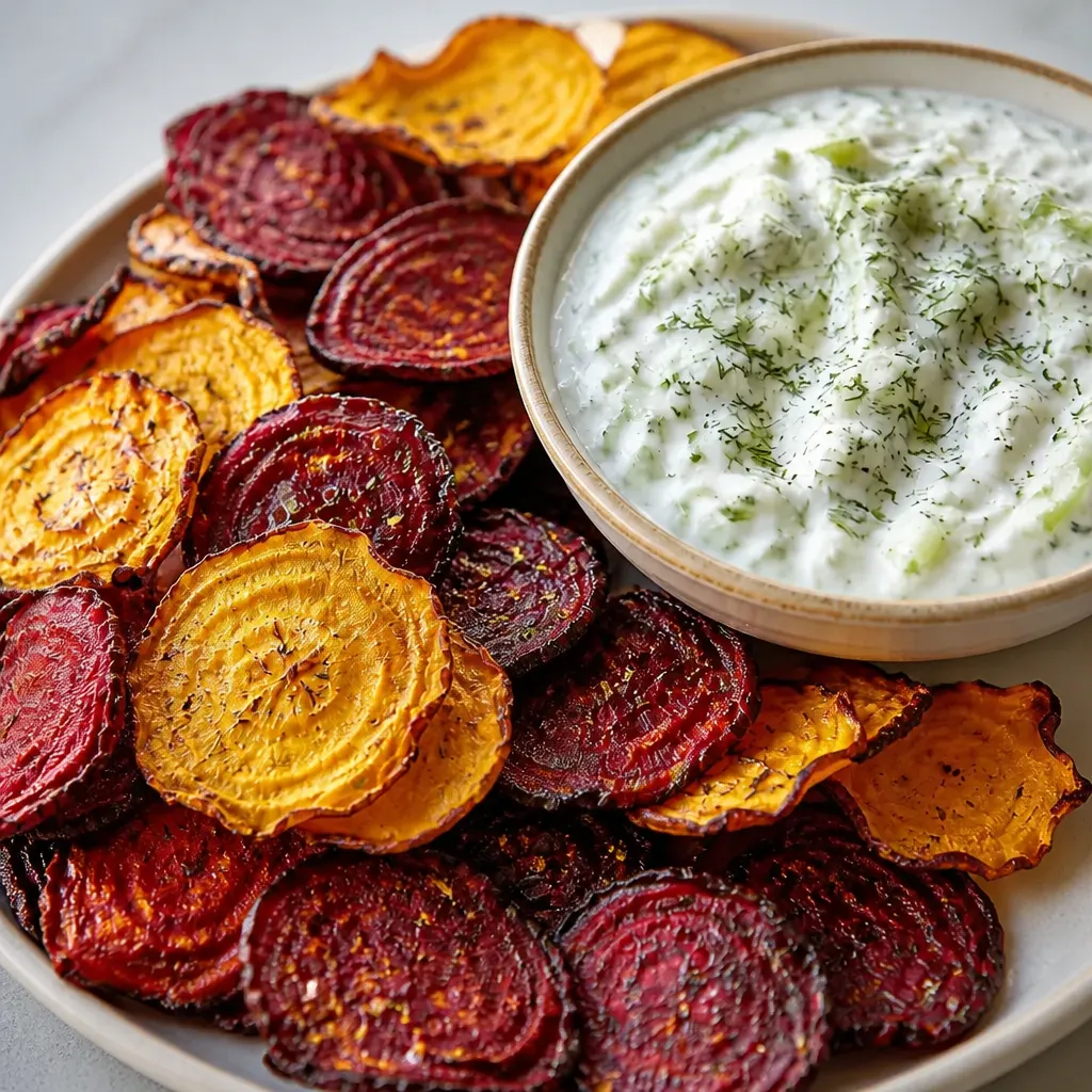 Beet Chips with Tzatziki Dipping Sauce close-up view