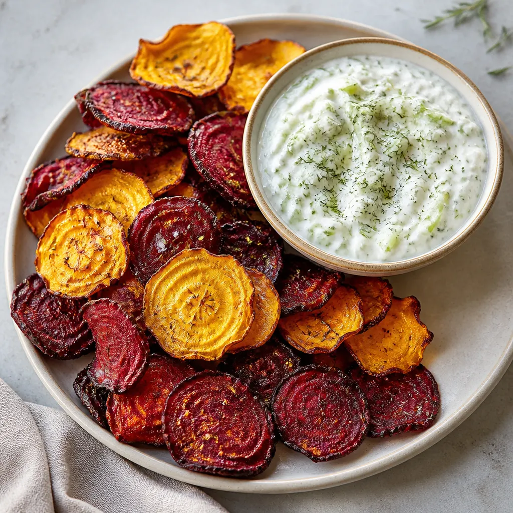 Beet Chips with Tzatziki Dipping Sauce