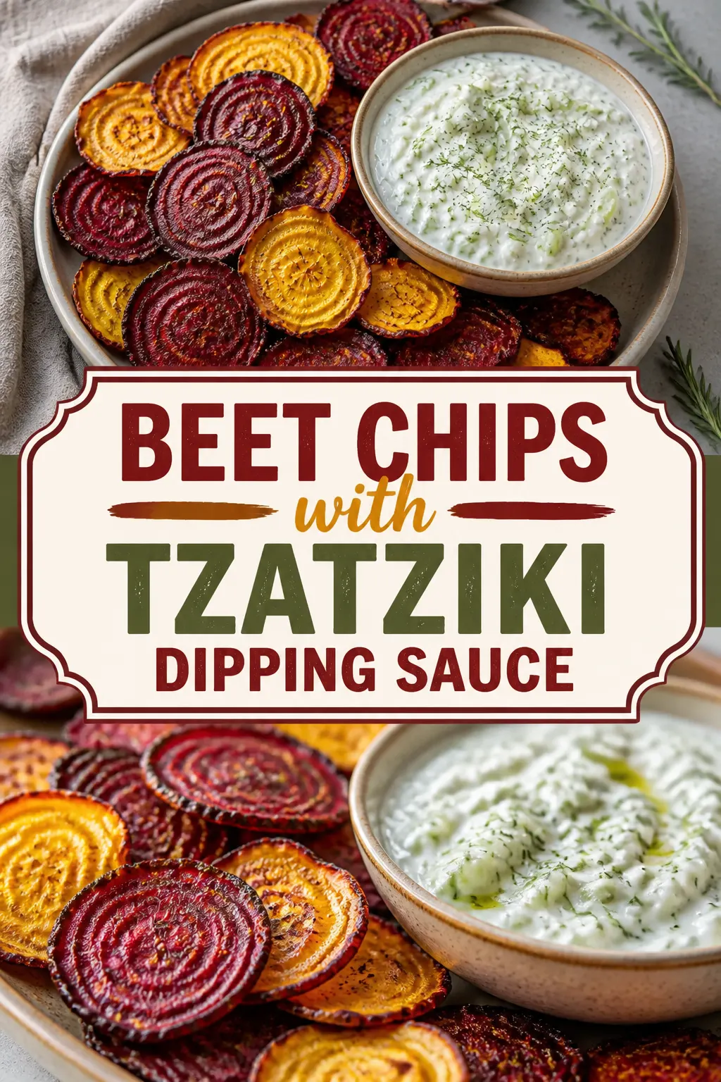 Beet Chips with Tzatziki Dipping Sauce Pinterest pin