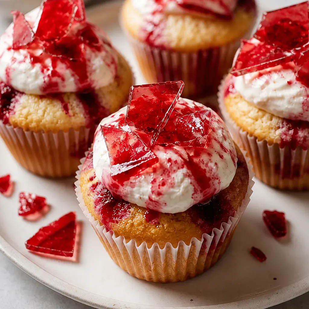 Bloody Raspberry Muffins with Broken Glass Topping close-up view