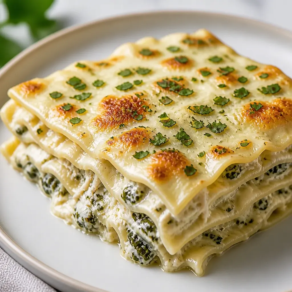 Chicken Alfredo Lasagna with Spinach & Artichokes close-up view