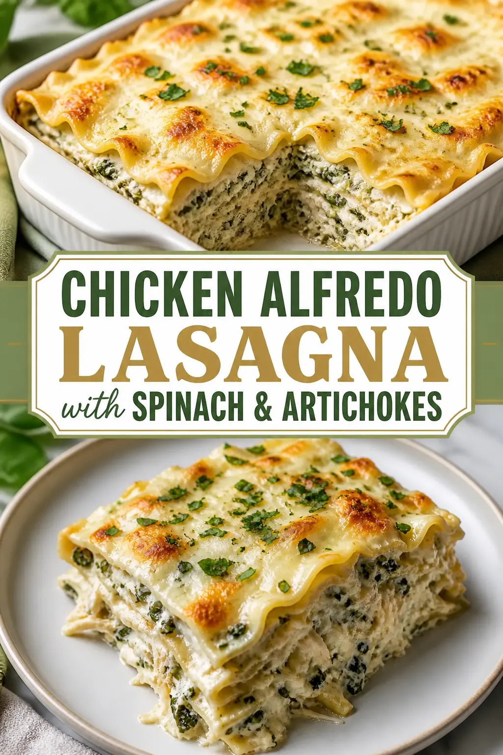 Chicken Alfredo Lasagna with Spinach & Artichokes Pinterest pin