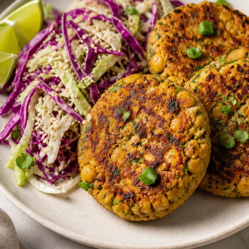 Crispy Chickpea Cakes with Sesame-Lime Cabbage Salad close-up view