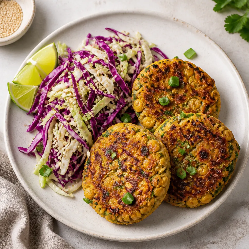 Crispy Chickpea Cakes with Sesame-Lime Cabbage Salad