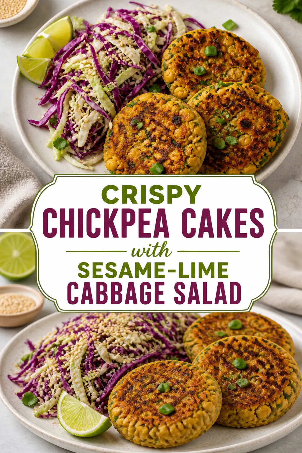 Crispy Chickpea Cakes with Sesame-Lime Cabbage Salad Pinterest pin