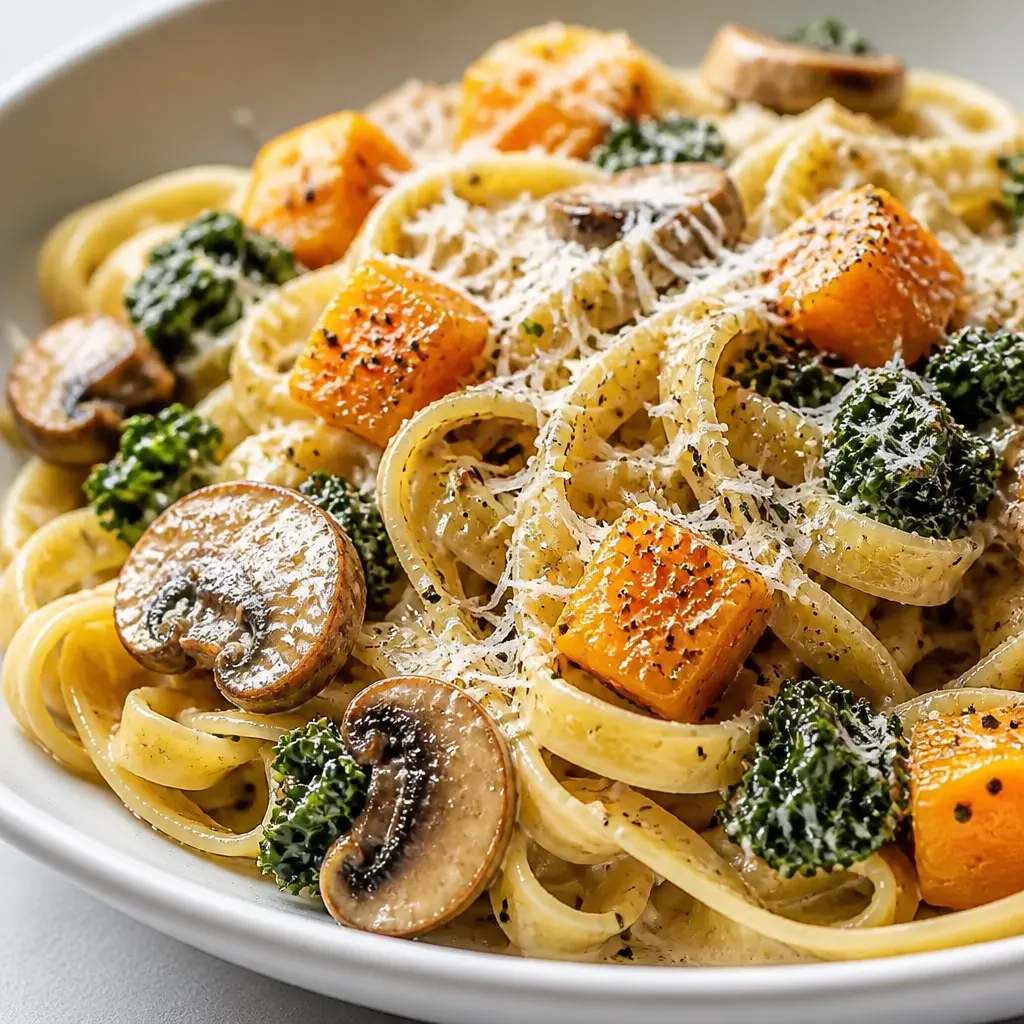 Healthy Kale Squash Mushroom Pasta close-up view