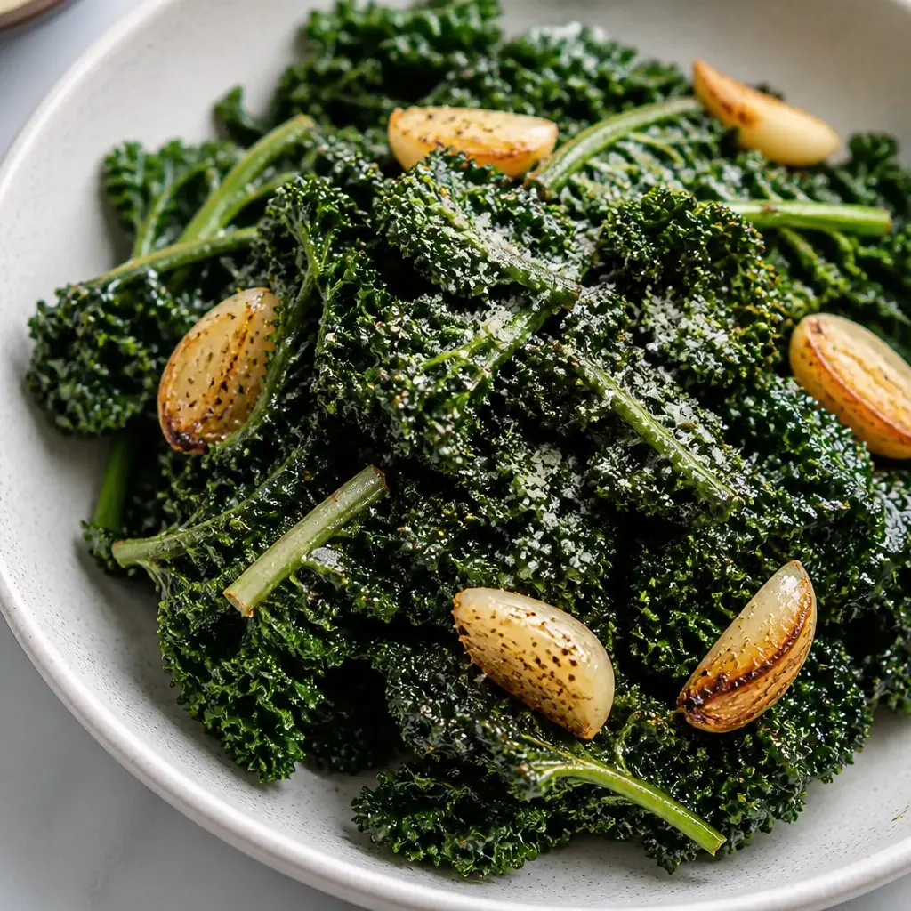 Kale Sprouts with Roasted Garlic and Parmesan close-up view