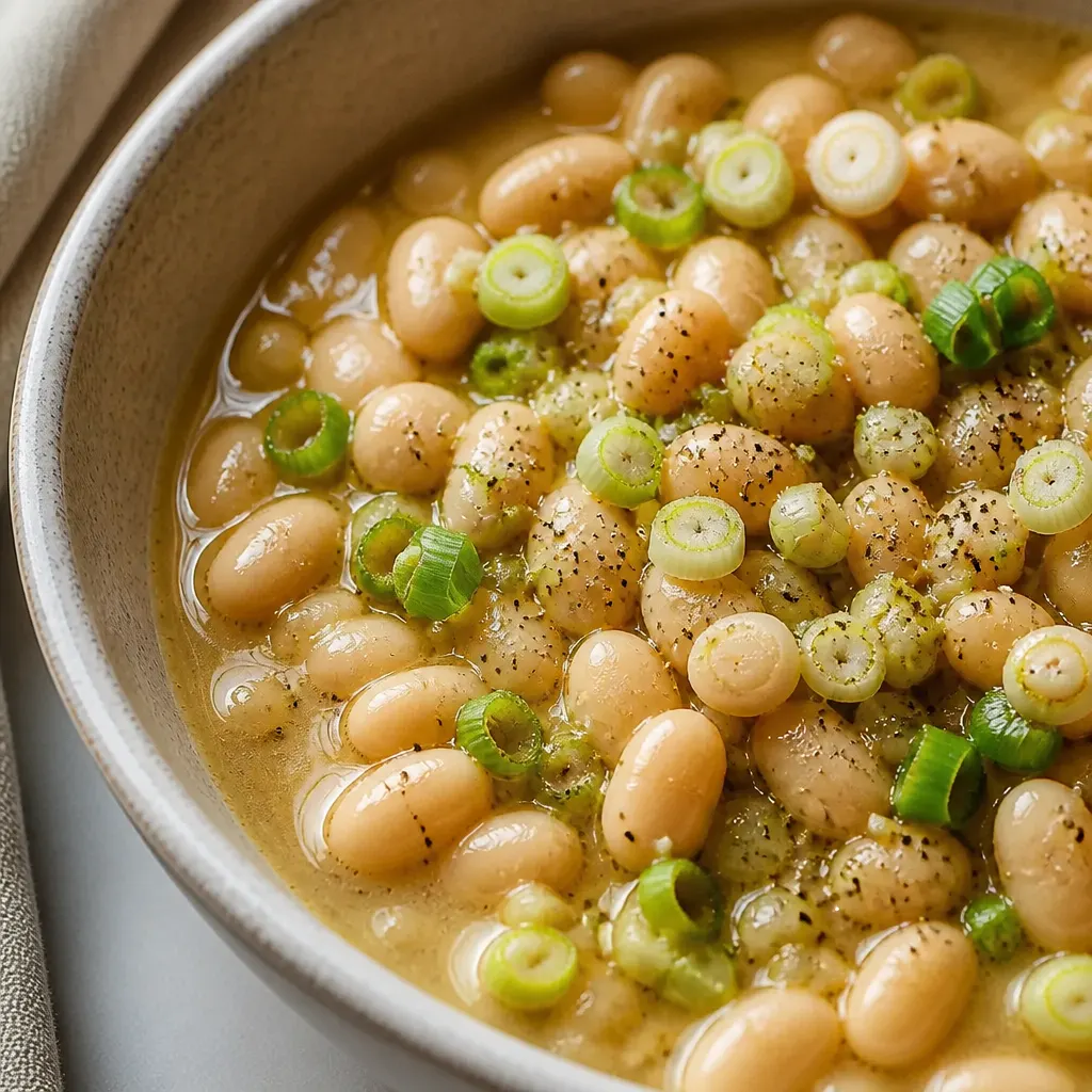 Miso Butter Brothy Beans with Scallions close-up view