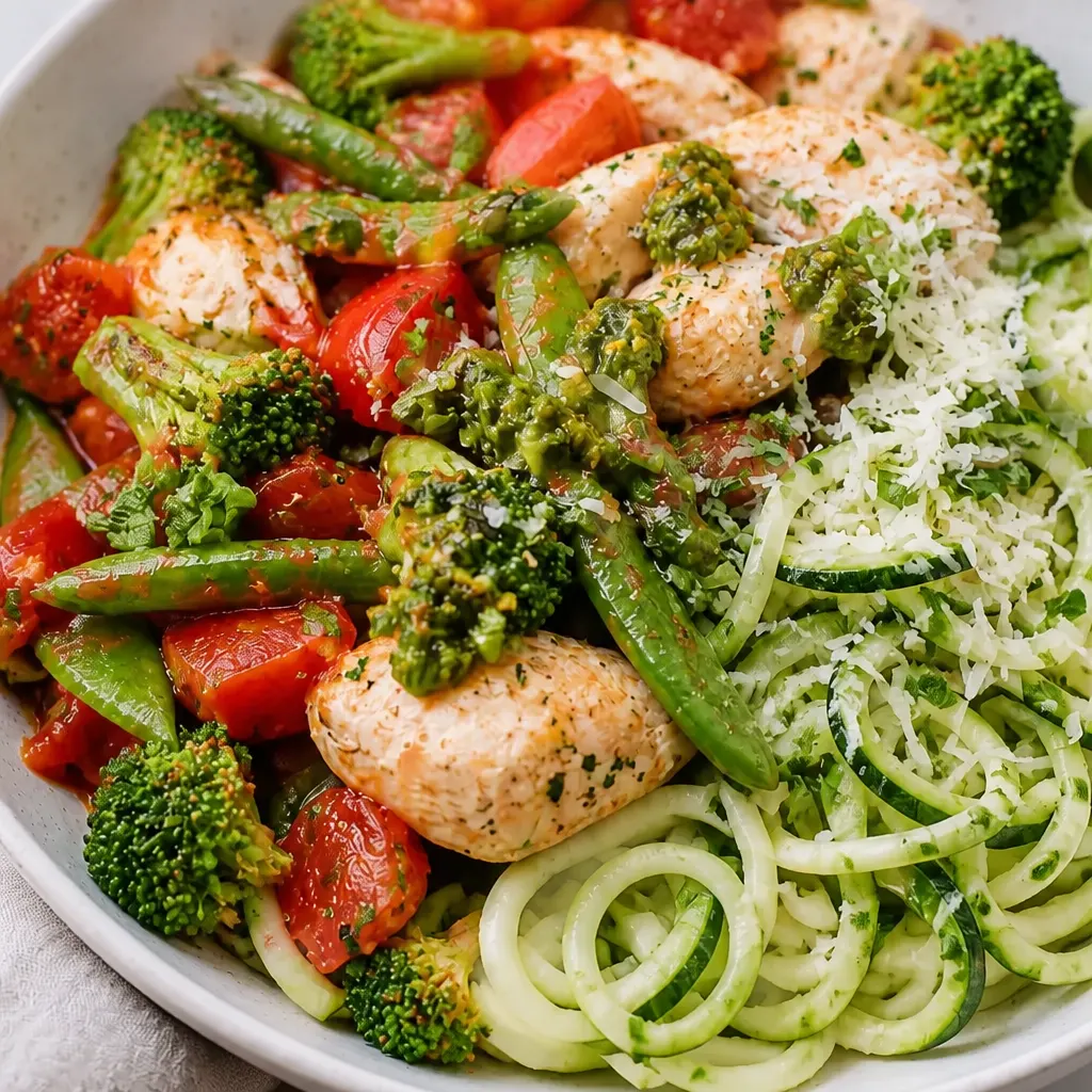 Slow-Cooker Italian Chicken with Zucchini Noodles (Gluten-Free + Low-Carb) close-up view