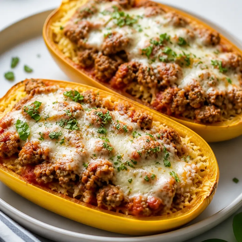 Spaghetti Squash Sausage Lasagna Boats close-up view