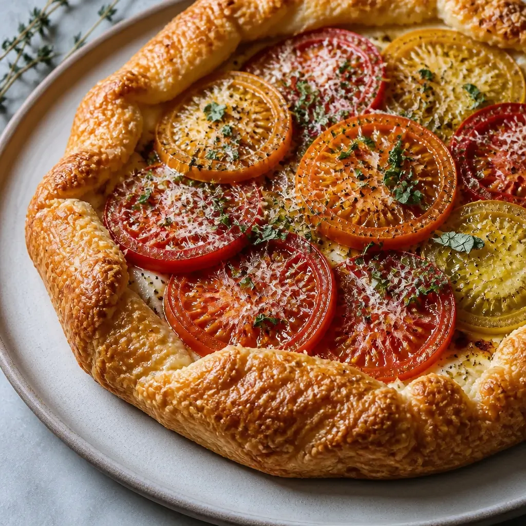The best tomato galette with flaky pastry close-up view